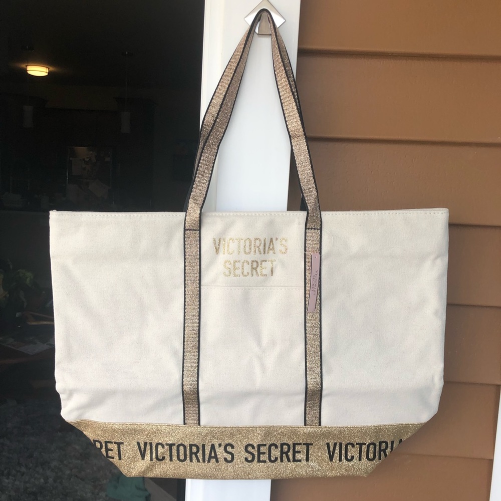 Victoria Secret Gold Sparkle Tote Canvas Bag